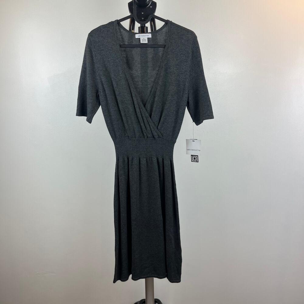 NWT Liz Claiborne Midi Sweater Dress V-Neck Short Sleeve Gray Size Small